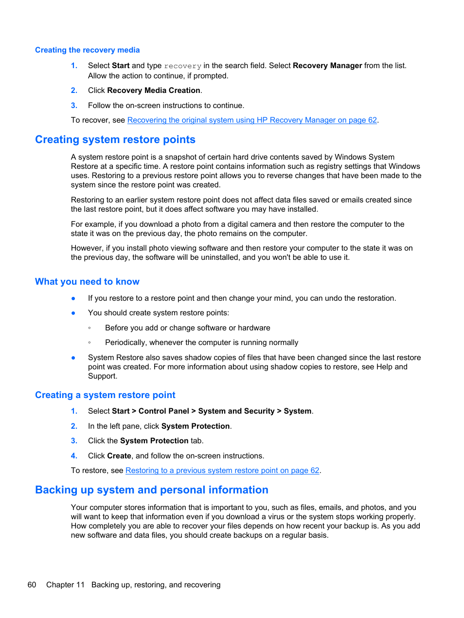 Creating the recovery media, Creating system restore points, What you need to know | Creating a system restore point, Backing up system and personal information | HP 215 G1 Notebook PC User Manual | Page 70 / 85