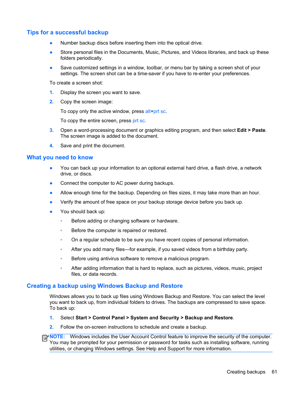 Tips for a successful backup, What you need to know, Creating a backup using windows backup and restore | HP 215 G1 Notebook PC User Manual | Page 71 / 85