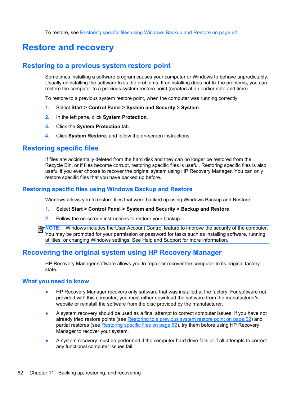 Restore and recovery, Restoring to a previous system restore point, Restoring specific files | What you need to know | HP 215 G1 Notebook PC User Manual | Page 72 / 85