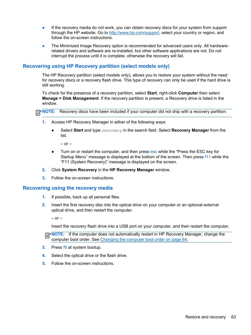 Recovering using the recovery media | HP 215 G1 Notebook PC User Manual | Page 73 / 85