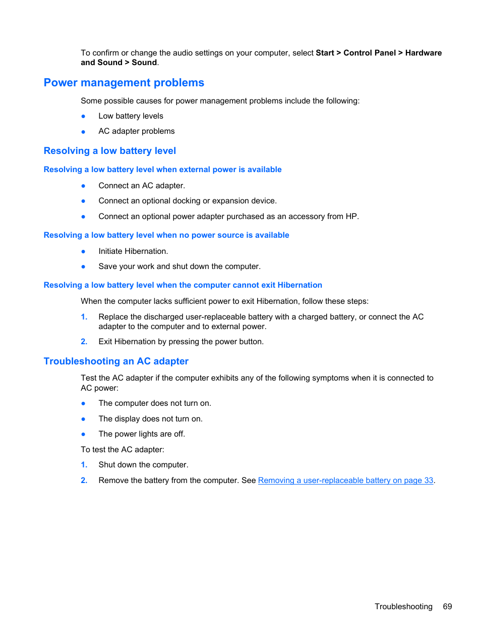 Power management problems, Resolving a low battery level, Troubleshooting an ac adapter | HP 215 G1 Notebook PC User Manual | Page 79 / 85