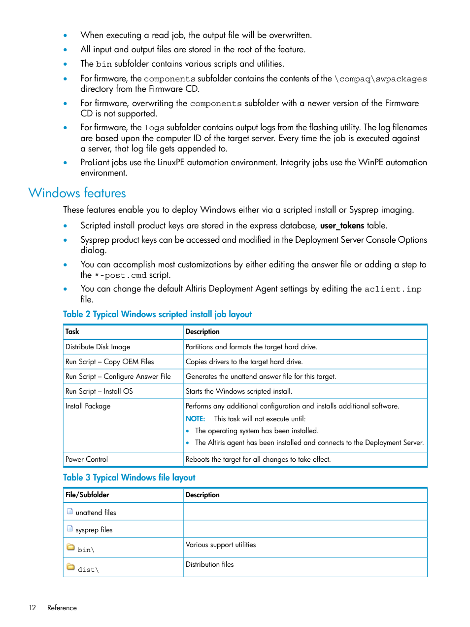 Windows features, Typical windows scripted install job layout, Typical windows file layout | HP Insight Control User Manual | Page 12 / 24