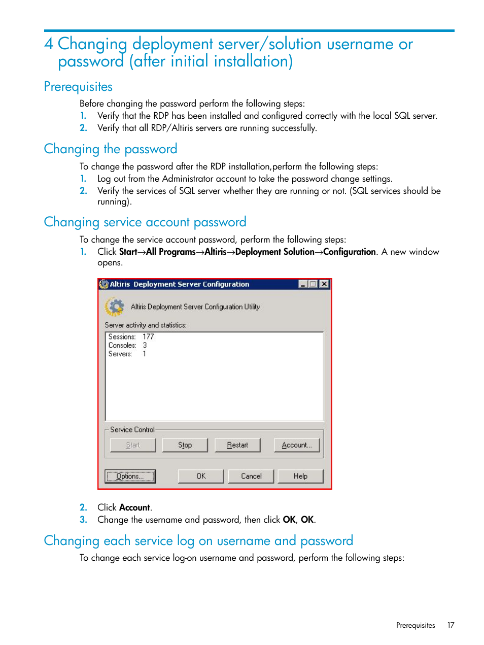 Prerequisites, Changing the password, Changing service account password | Changing each service log on username and password | HP Insight Control User Manual | Page 17 / 24