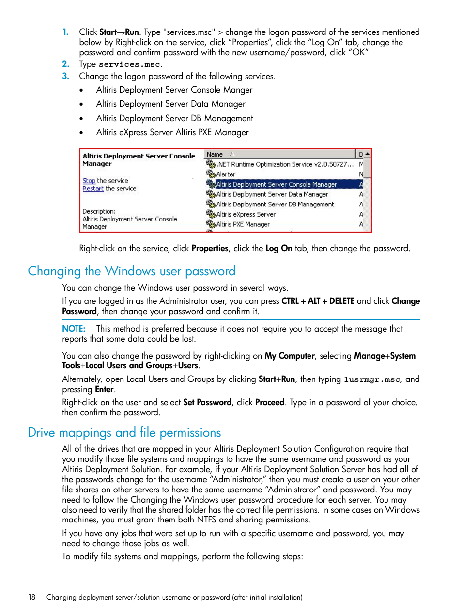 Changing the windows user password, Drive mappings and file permissions | HP Insight Control User Manual | Page 18 / 24