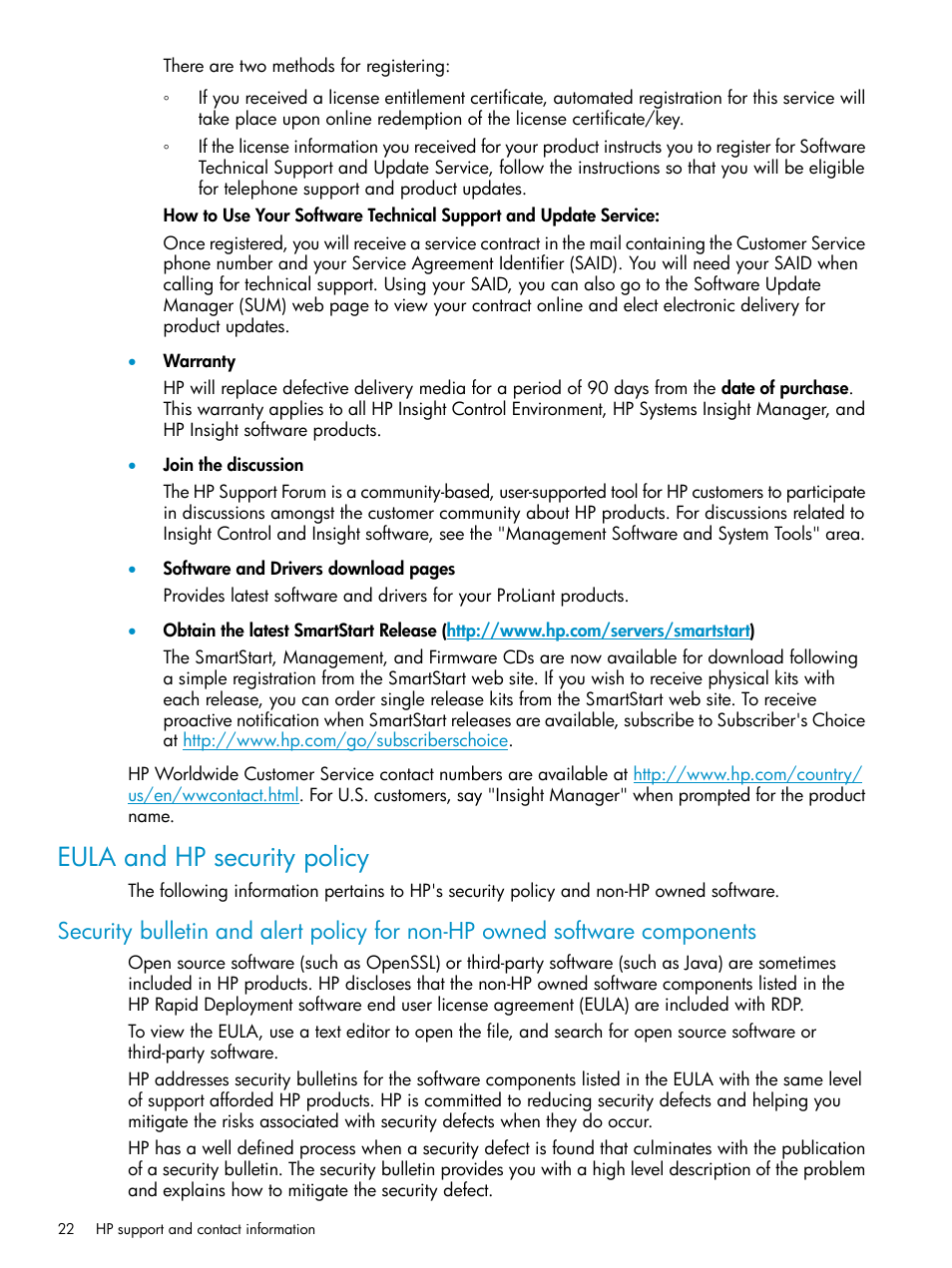 Eula and hp security policy | HP Insight Control User Manual | Page 22 / 24