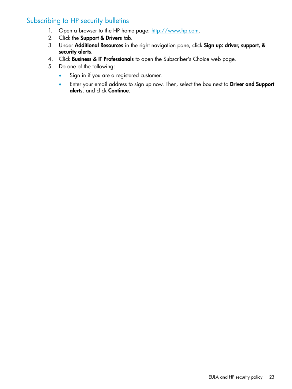 Subscribing to hp security bulletins | HP Insight Control User Manual | Page 23 / 24