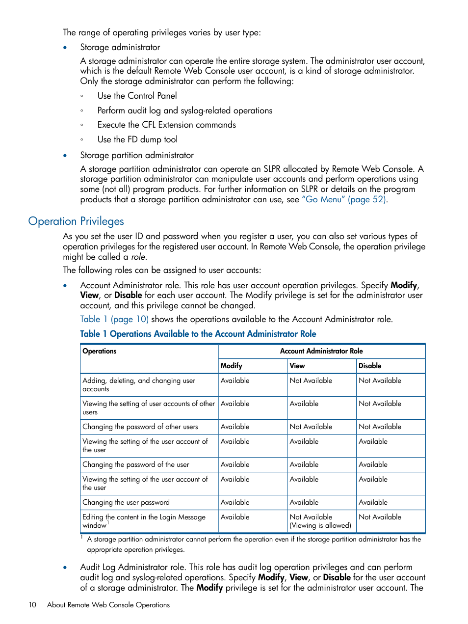 Operation privileges | HP StorageWorks XP Remote Web Console Software User Manual | Page 10 / 149