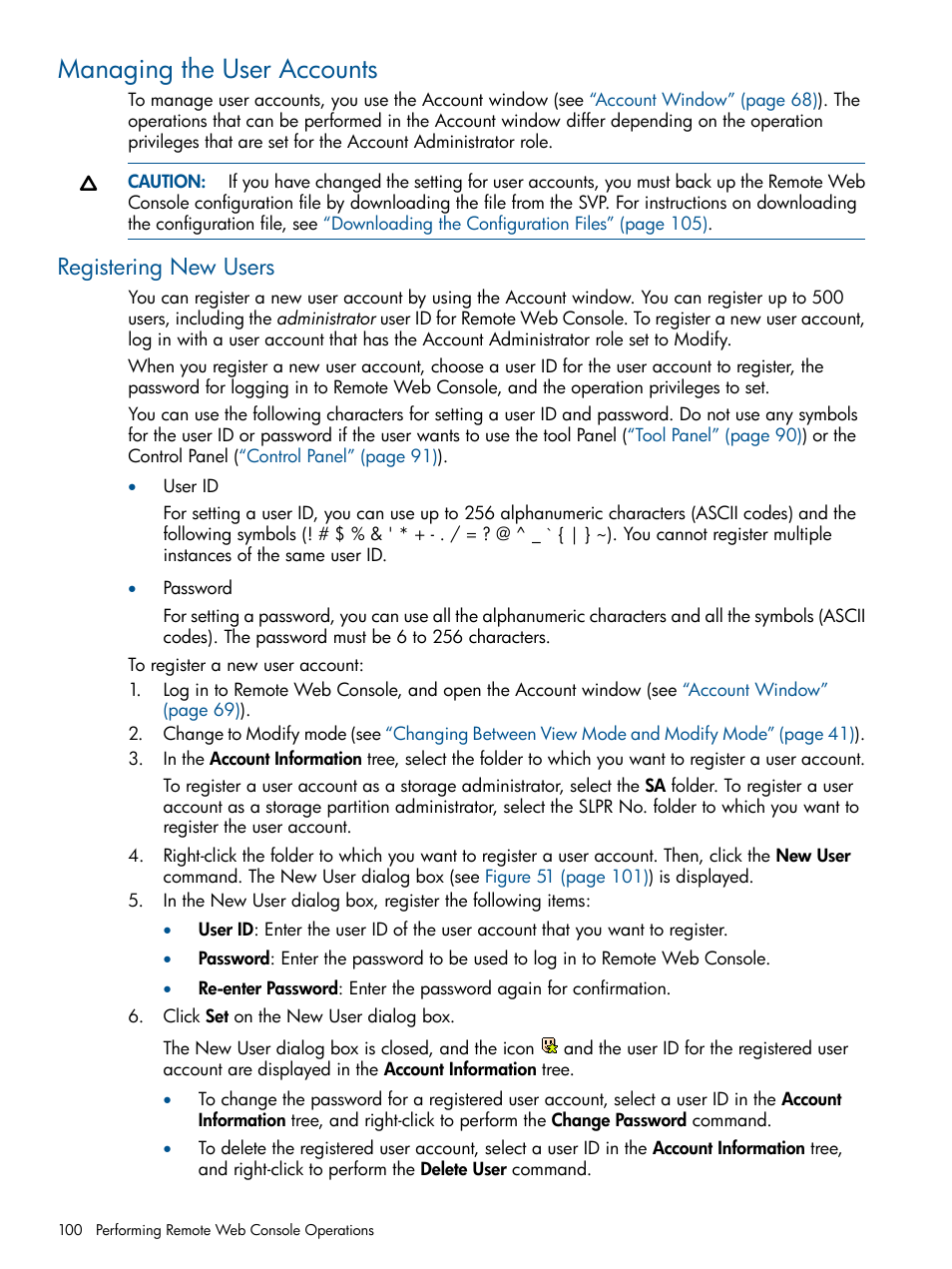 Managing the user accounts, Registering new users, Registering | HP StorageWorks XP Remote Web Console Software User Manual | Page 100 / 149