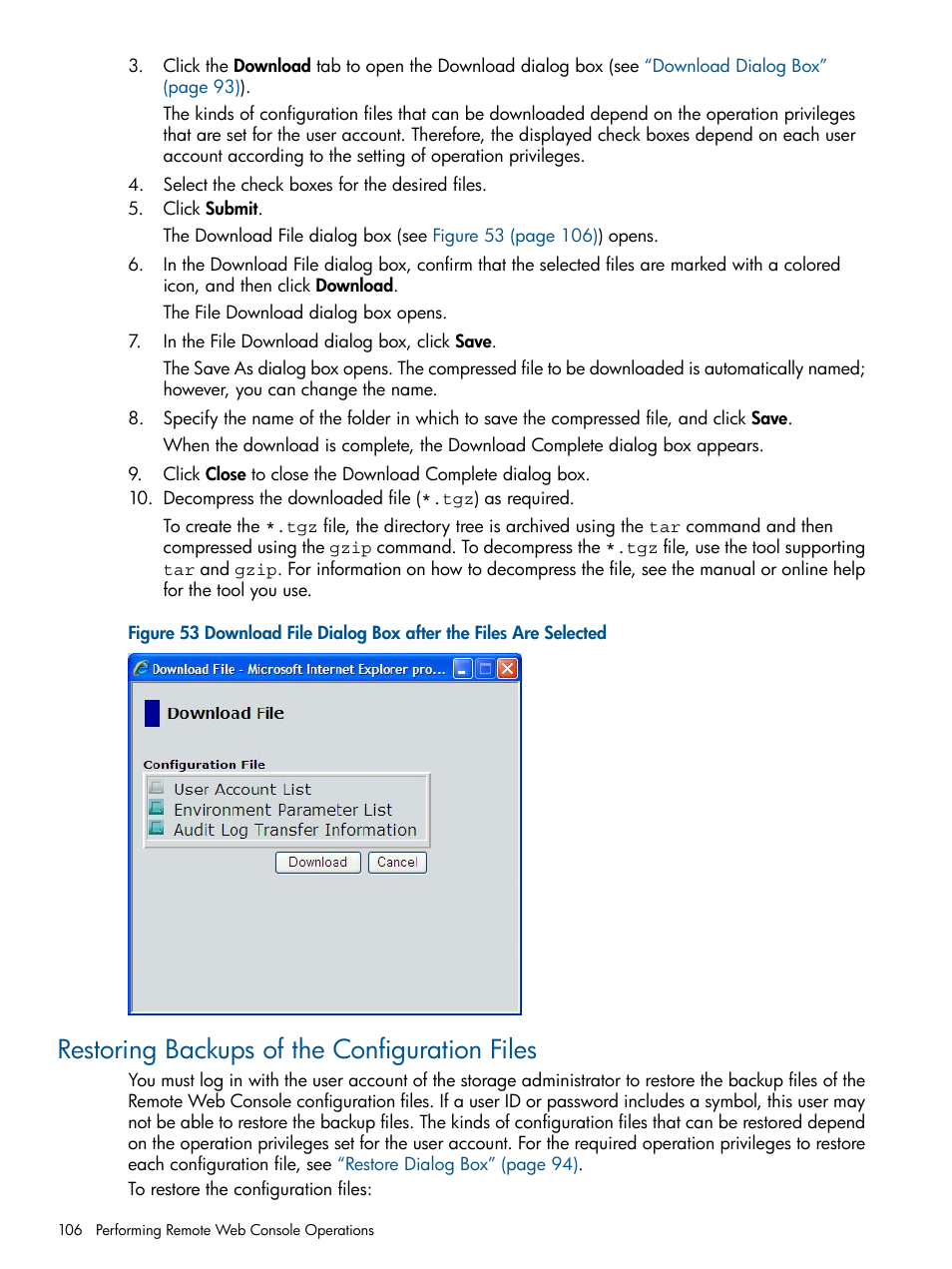 Restoring backups of the configuration files | HP StorageWorks XP Remote Web Console Software User Manual | Page 106 / 149