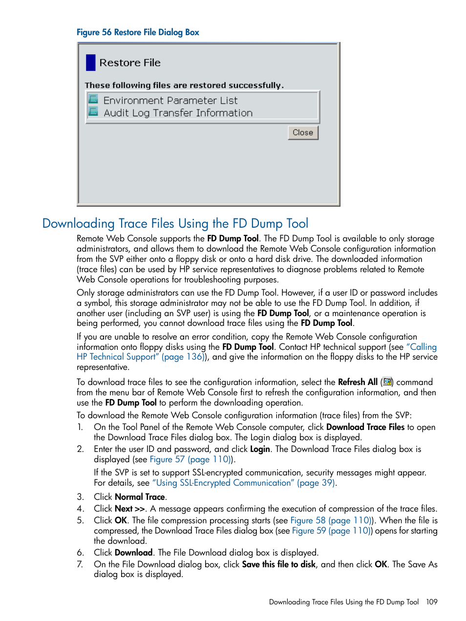 Downloading trace files using the fd dump tool, Downloading trace files using the fd | HP StorageWorks XP Remote Web Console Software User Manual | Page 109 / 149