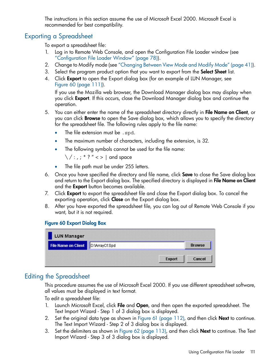 Exporting a spreadsheet, Editing the spreadsheet, Exporting a spreadsheet editing the spreadsheet | HP StorageWorks XP Remote Web Console Software User Manual | Page 111 / 149