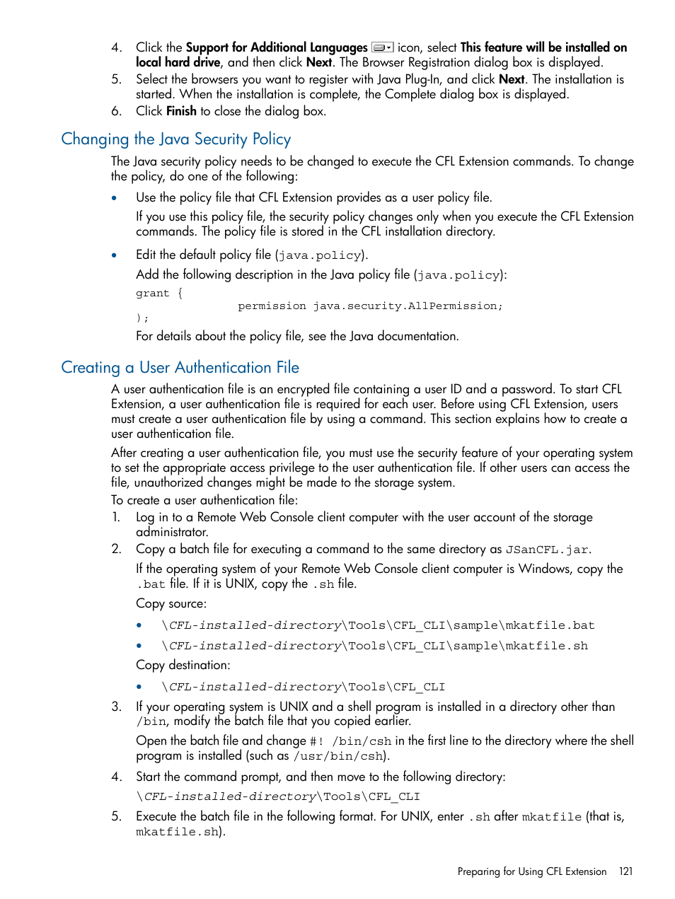 Changing the java security policy, Creating a user authentication file, Creating a user | HP StorageWorks XP Remote Web Console Software User Manual | Page 121 / 149