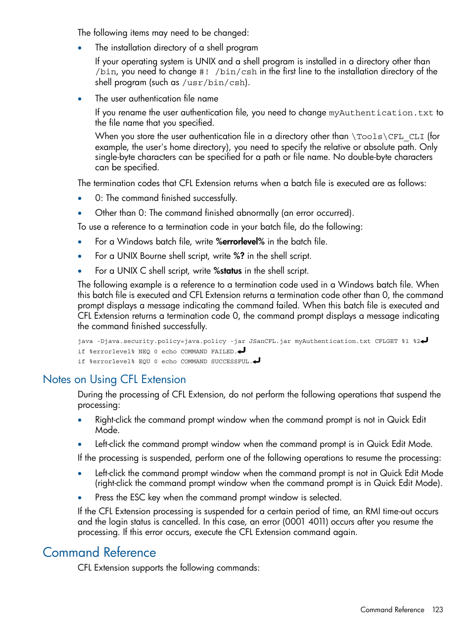 Notes on using cfl extension, Command reference | HP StorageWorks XP Remote Web Console Software User Manual | Page 123 / 149