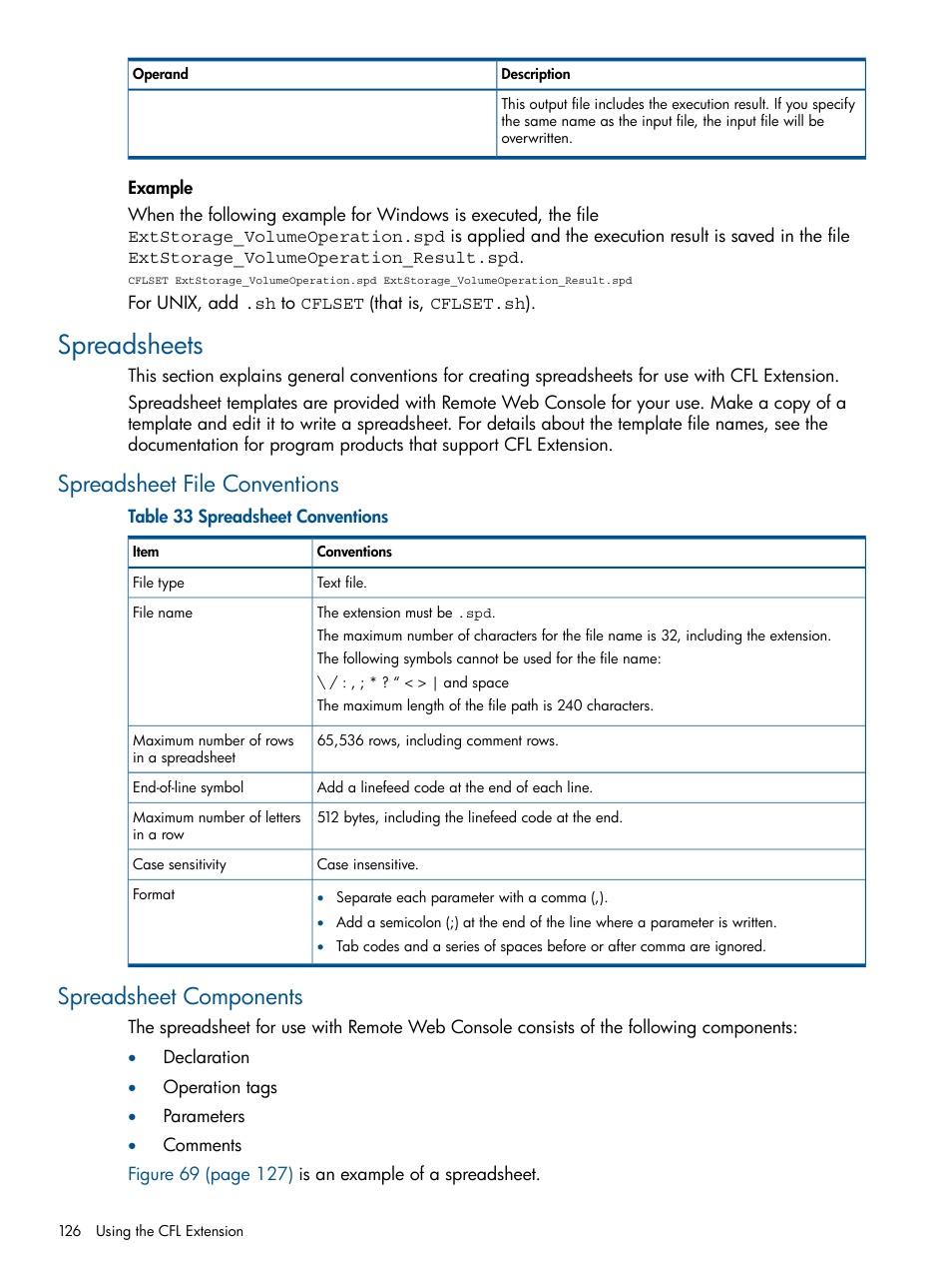 Spreadsheets, Spreadsheet file conventions, Spreadsheet components | HP StorageWorks XP Remote Web Console Software User Manual | Page 126 / 149