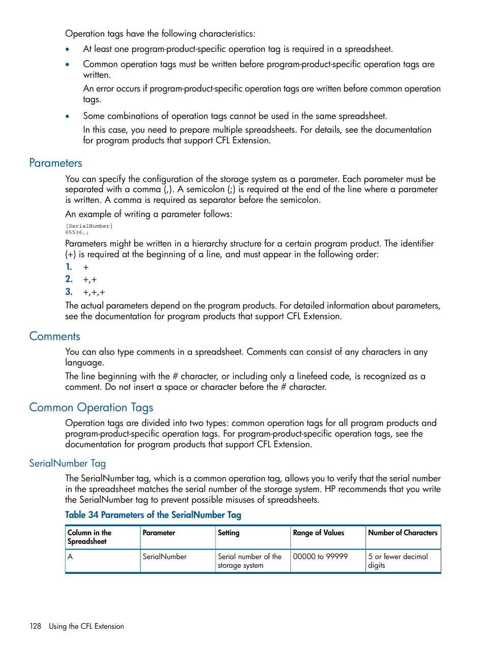 Parameters, Comments, Common operation tags | Serialnumber tag, Parameters comments common operation tags | HP StorageWorks XP Remote Web Console Software User Manual | Page 128 / 149