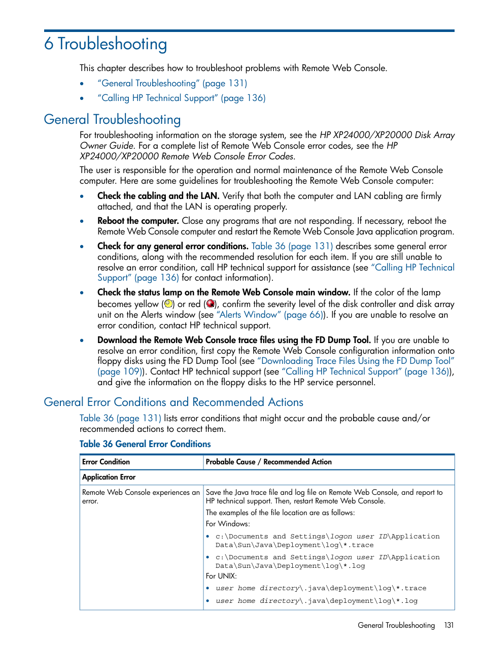 6 troubleshooting, General troubleshooting, General error conditions and recommended actions | HP StorageWorks XP Remote Web Console Software User Manual | Page 131 / 149