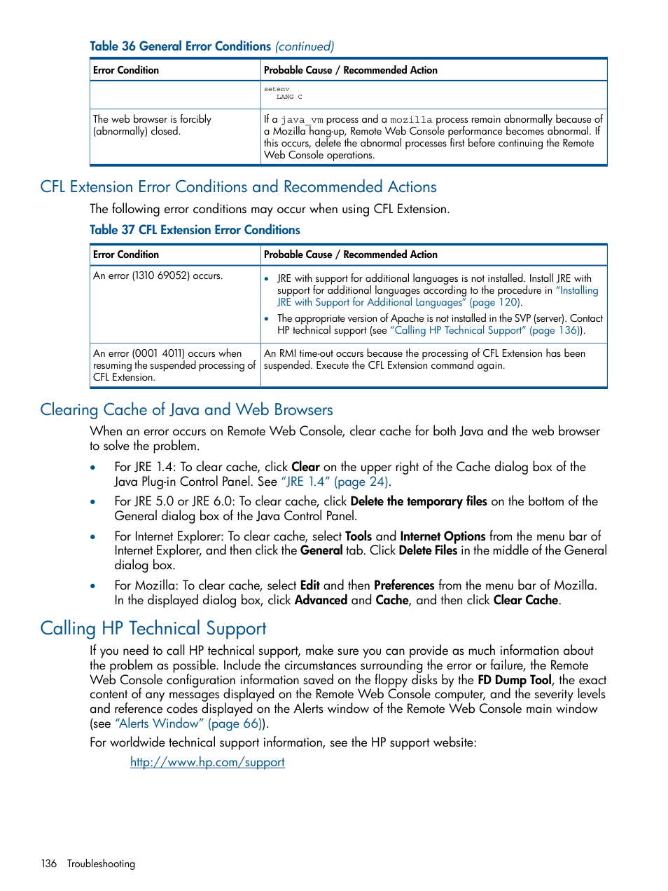 Clearing cache of java and web browsers, Calling hp technical support, Calling | Calling hp technical | HP StorageWorks XP Remote Web Console Software User Manual | Page 136 / 149