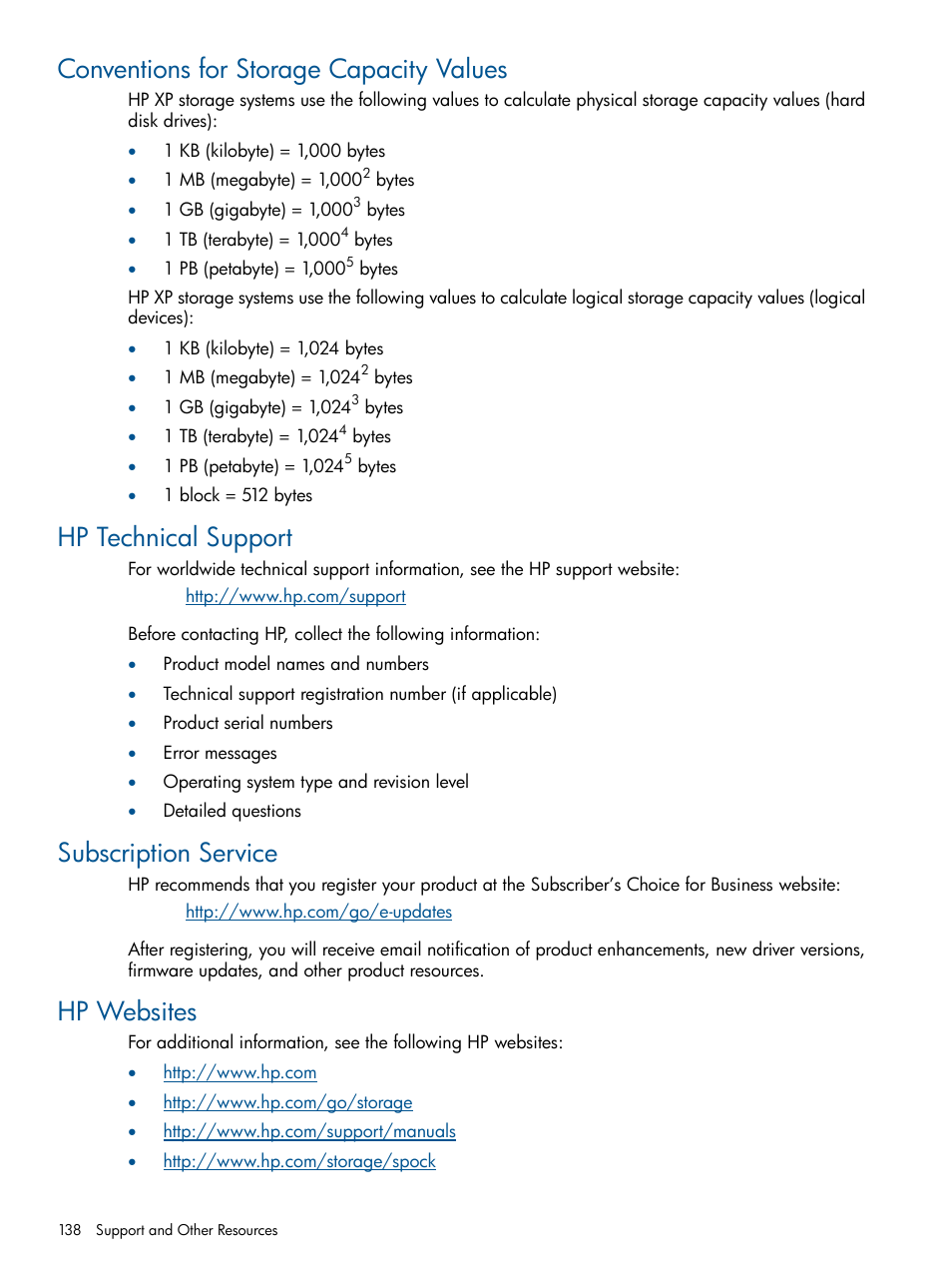 Conventions for storage capacity values, Hp technical support, Subscription service | Hp websites | HP StorageWorks XP Remote Web Console Software User Manual | Page 138 / 149