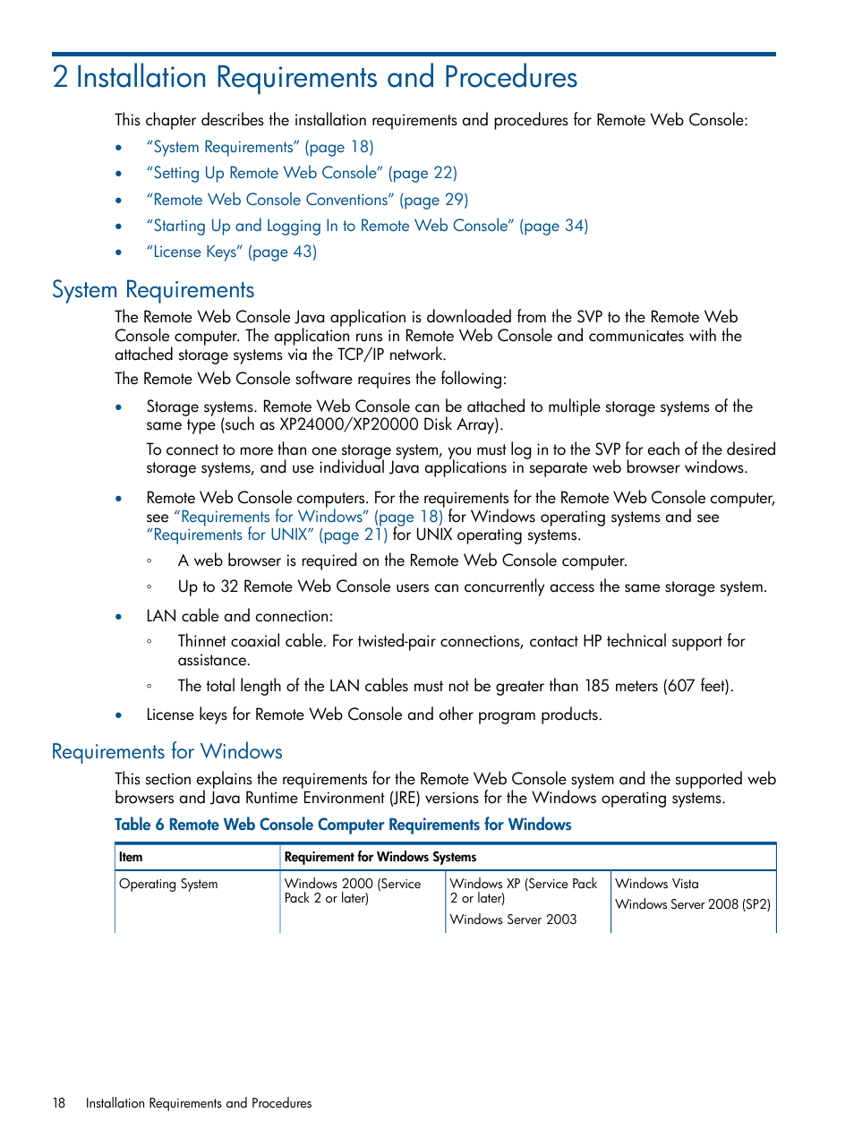 2 installation requirements and procedures, System requirements, Requirements for windows | HP StorageWorks XP Remote Web Console Software User Manual | Page 18 / 149