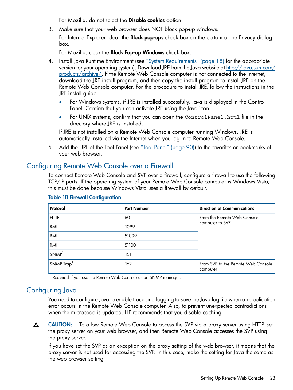 Configuring remote web console over a firewall, Configuring java | HP StorageWorks XP Remote Web Console Software User Manual | Page 23 / 149