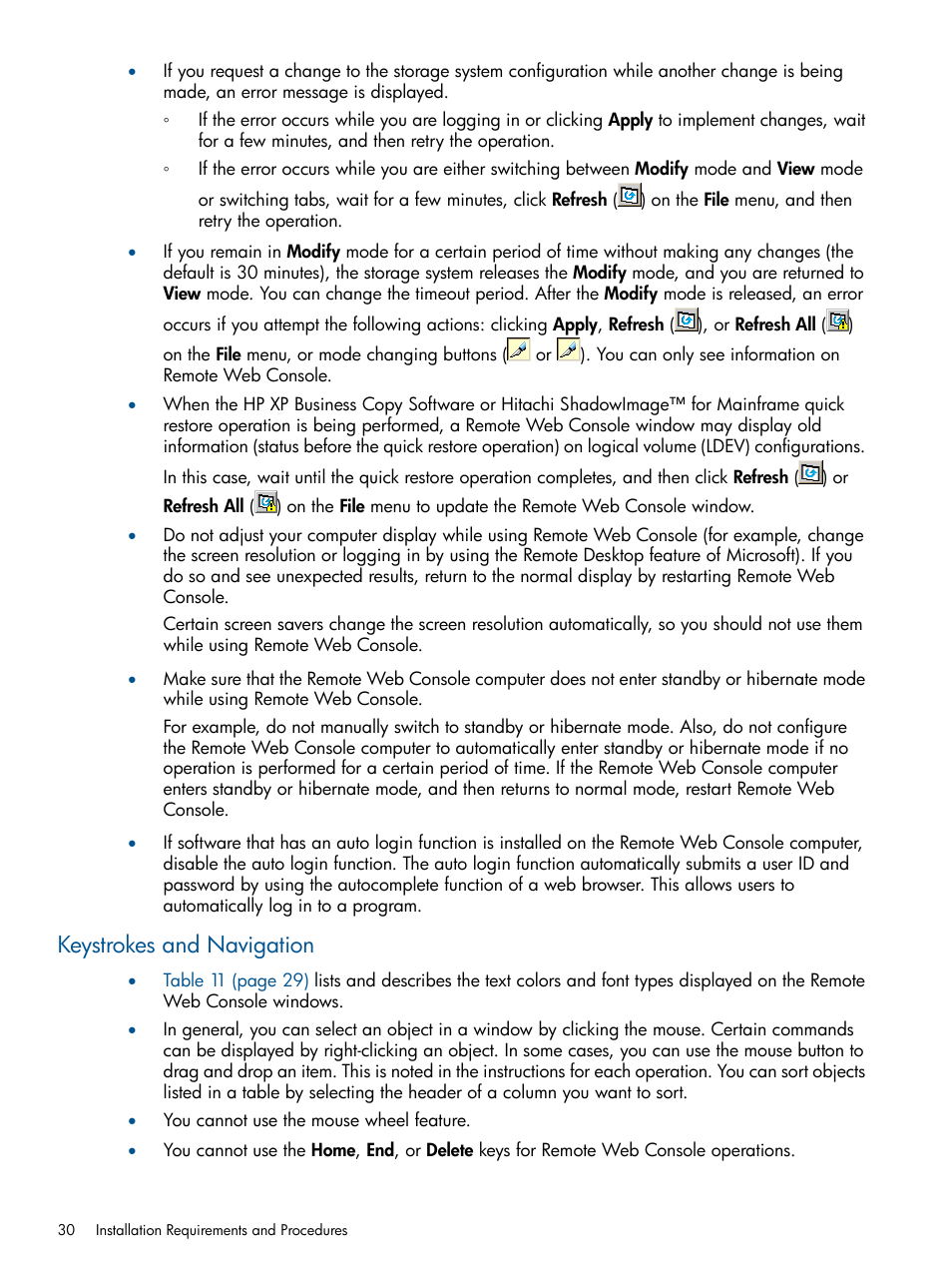 Keystrokes and navigation | HP StorageWorks XP Remote Web Console Software User Manual | Page 30 / 149