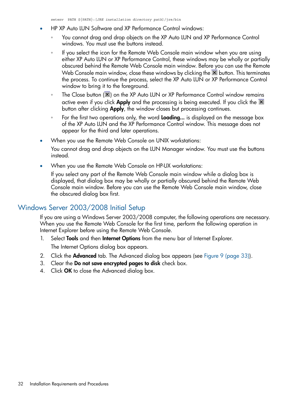 Windows server 2003/2008 initial setup | HP StorageWorks XP Remote Web Console Software User Manual | Page 32 / 149