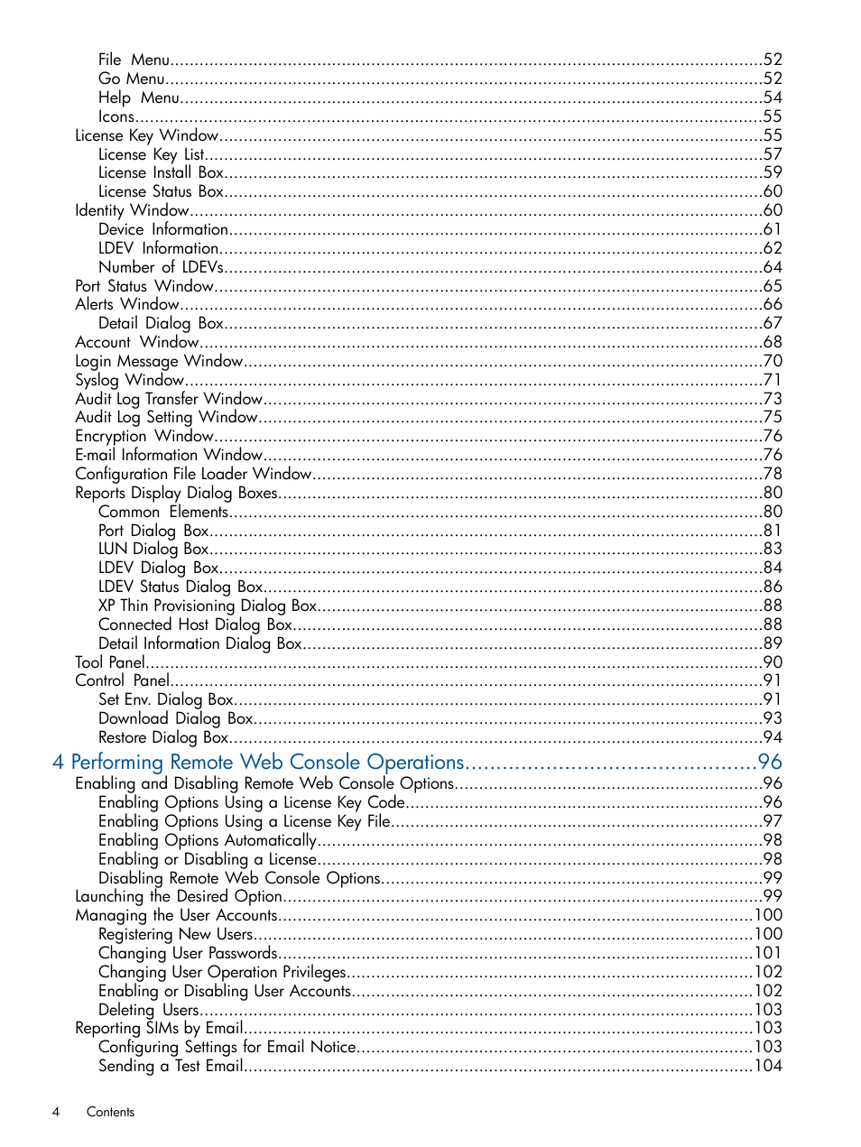 4 performing remote web console operations | HP StorageWorks XP Remote Web Console Software User Manual | Page 4 / 149