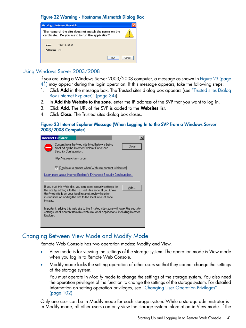 Using windows server 2003/2008, Changing between view mode and modify mode | HP StorageWorks XP Remote Web Console Software User Manual | Page 41 / 149