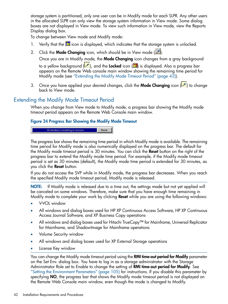 Extending the modify mode timeout period | HP StorageWorks XP Remote Web Console Software User Manual | Page 42 / 149