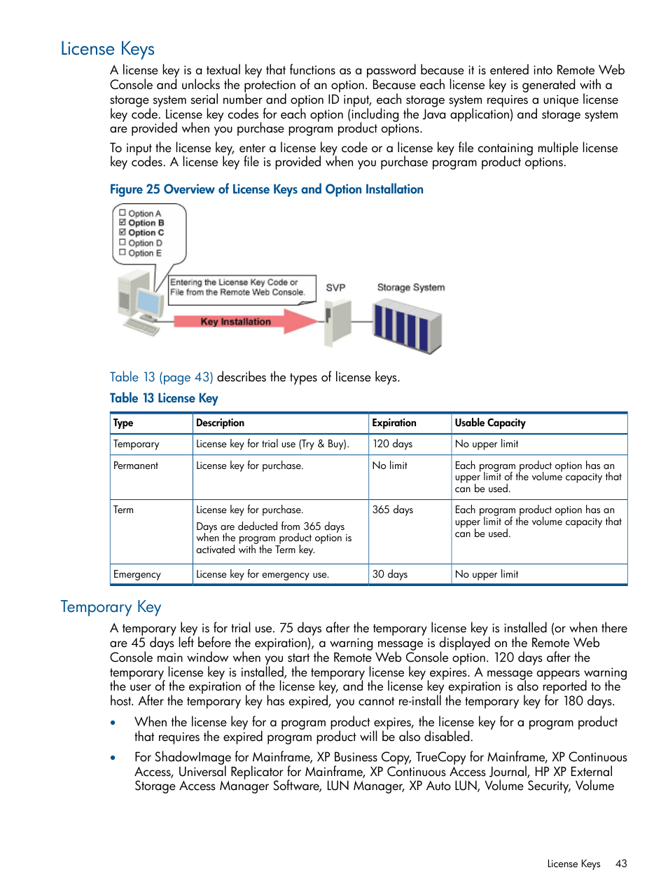License keys, Temporary key | HP StorageWorks XP Remote Web Console Software User Manual | Page 43 / 149