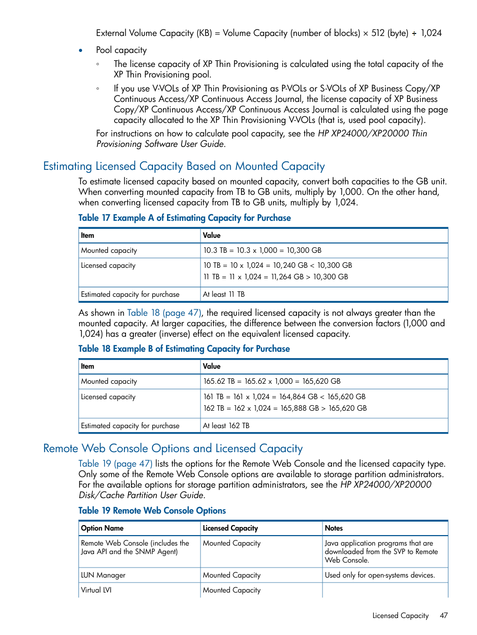 Remote web console options and licensed capacity, Estimating licensed capacity | HP StorageWorks XP Remote Web Console Software User Manual | Page 47 / 149