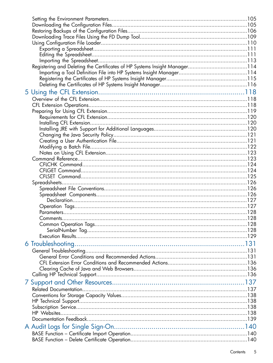 5 using the cfl extension, 6 troubleshooting, 7 support and other resources | A audit logs for single sign-on | HP StorageWorks XP Remote Web Console Software User Manual | Page 5 / 149