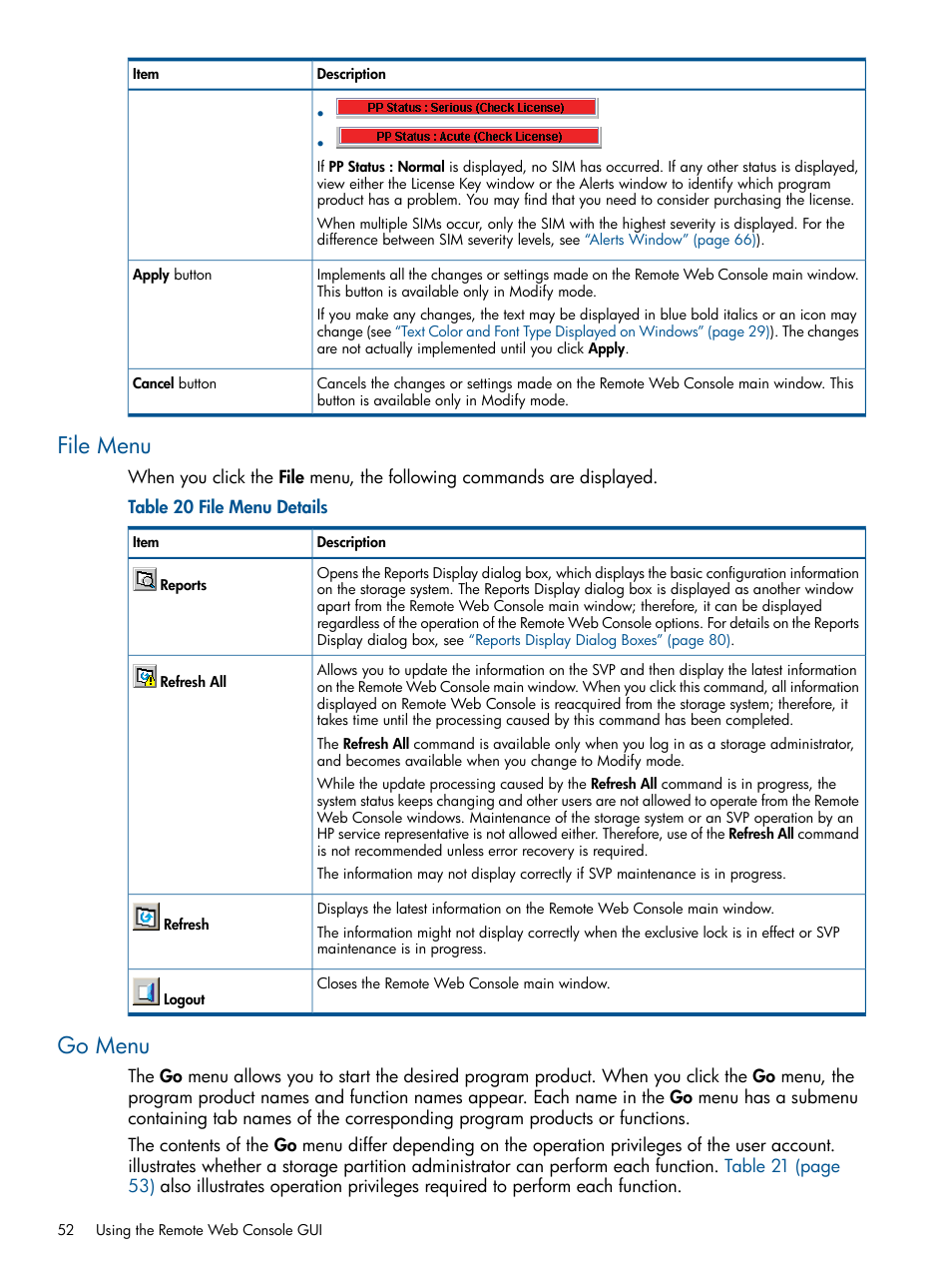 File menu, Go menu, File menu go menu | HP StorageWorks XP Remote Web Console Software User Manual | Page 52 / 149