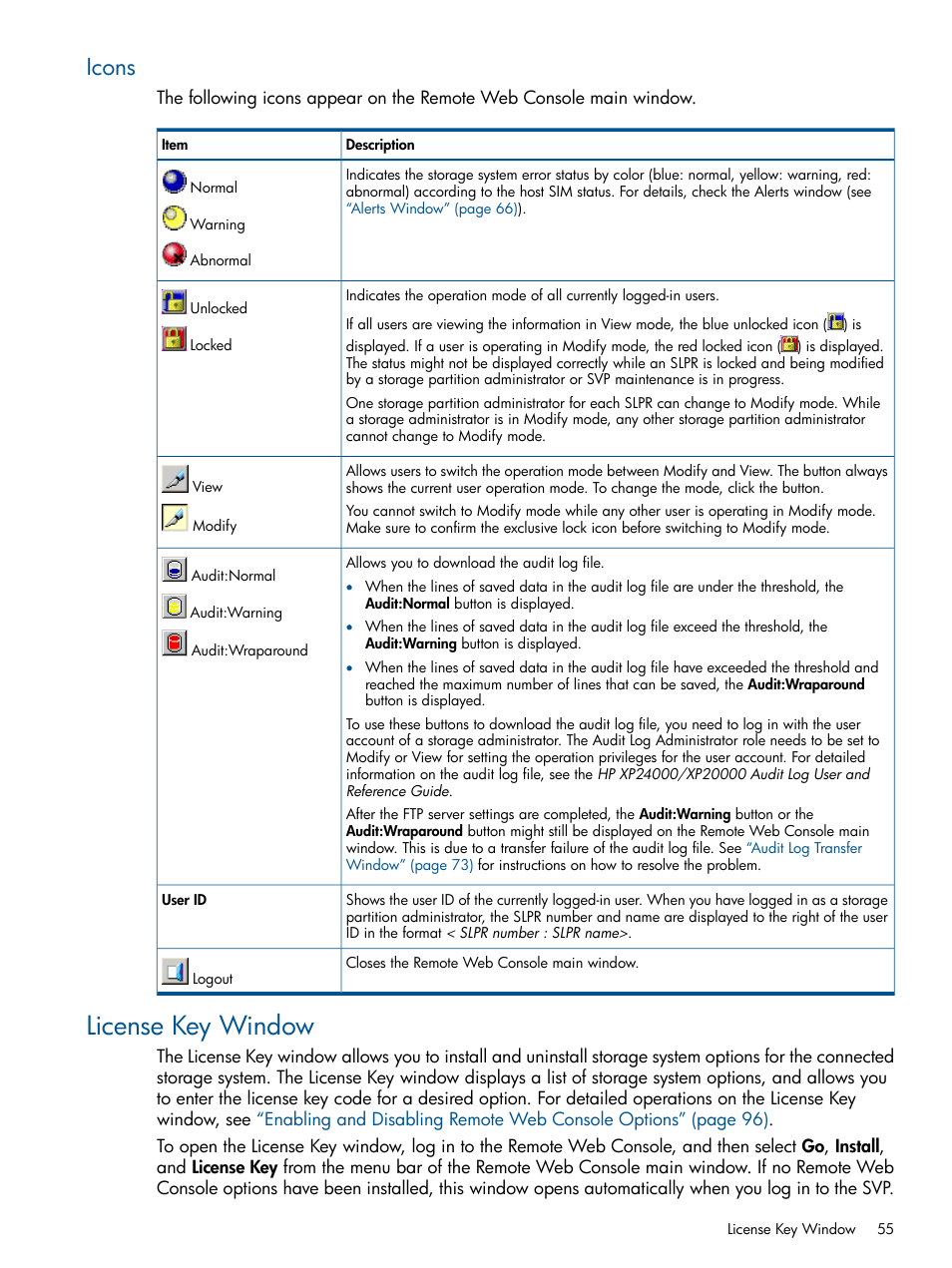 Icons, License key window | HP StorageWorks XP Remote Web Console Software User Manual | Page 55 / 149