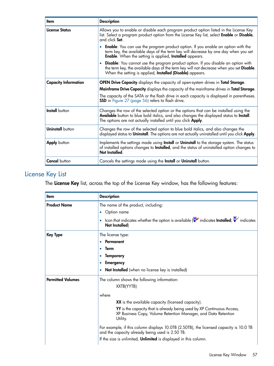 License key list | HP StorageWorks XP Remote Web Console Software User Manual | Page 57 / 149
