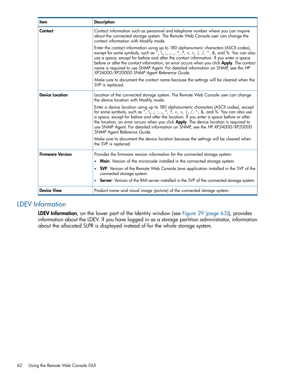 Ldev information | HP StorageWorks XP Remote Web Console Software User Manual | Page 62 / 149