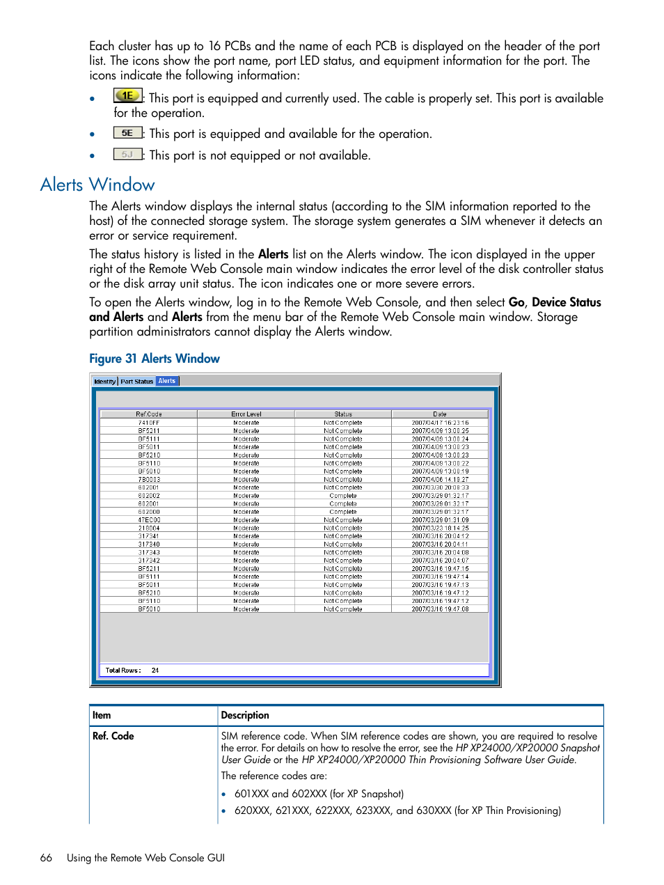 Alerts window | HP StorageWorks XP Remote Web Console Software User Manual | Page 66 / 149