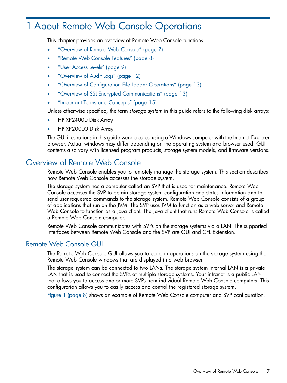 1 about remote web console operations, Overview of remote web console, Remote web console gui | HP StorageWorks XP Remote Web Console Software User Manual | Page 7 / 149