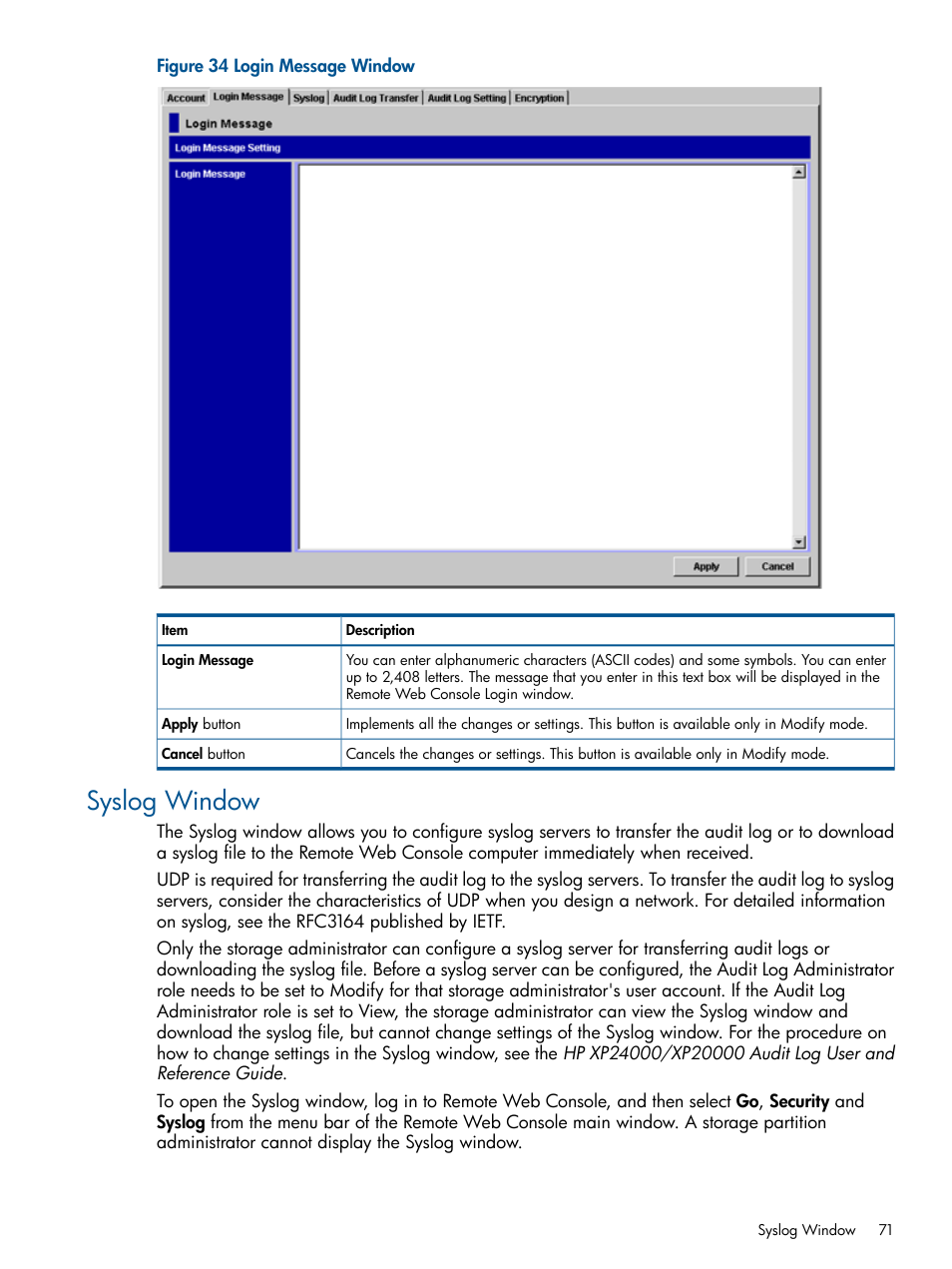 Syslog window | HP StorageWorks XP Remote Web Console Software User Manual | Page 71 / 149