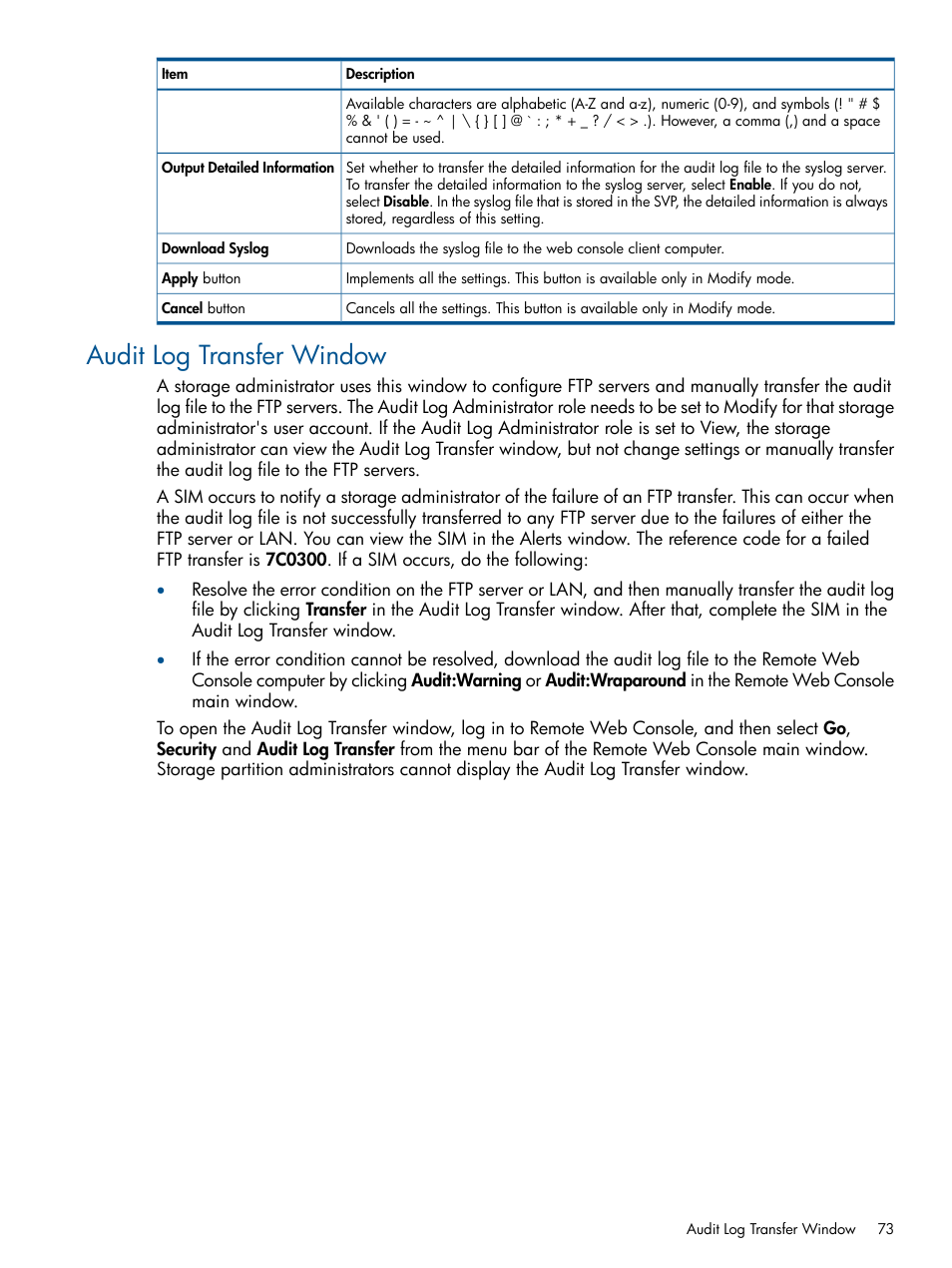 Audit log transfer window, Audit log transfer | HP StorageWorks XP Remote Web Console Software User Manual | Page 73 / 149