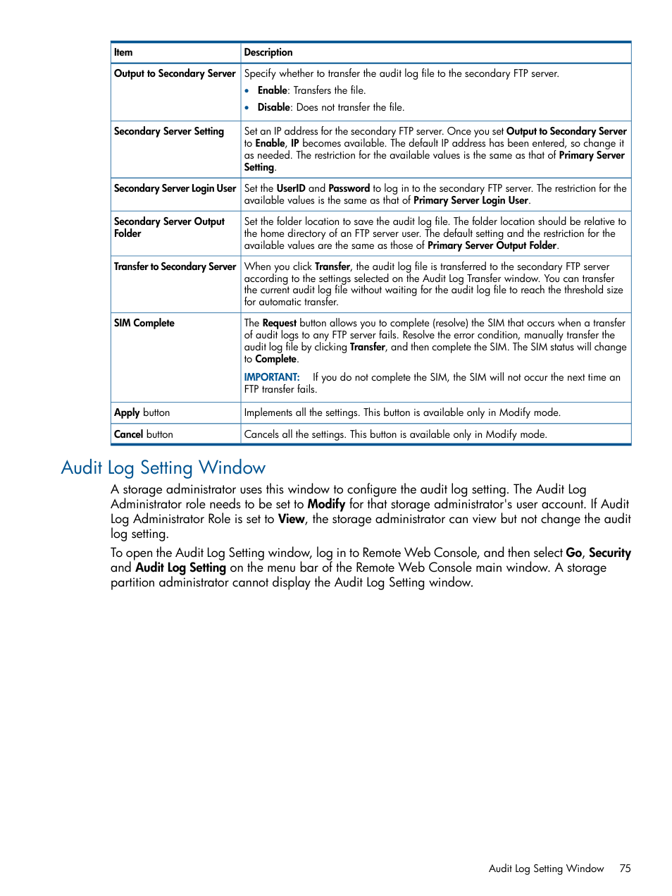 Audit log setting window | HP StorageWorks XP Remote Web Console Software User Manual | Page 75 / 149