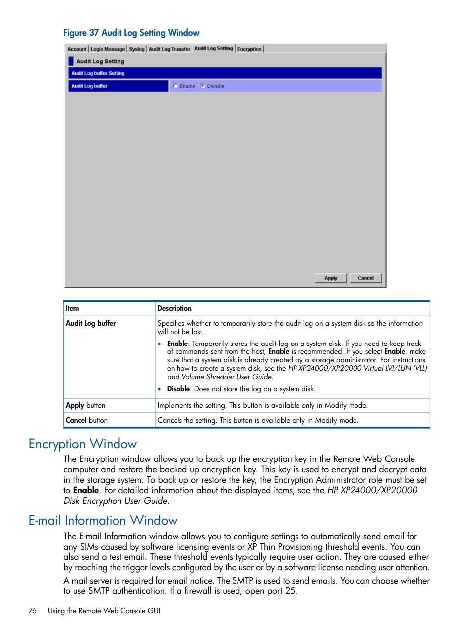 Encryption window, E-mail information window, Encryption window e-mail information window | E-mail information | HP StorageWorks XP Remote Web Console Software User Manual | Page 76 / 149