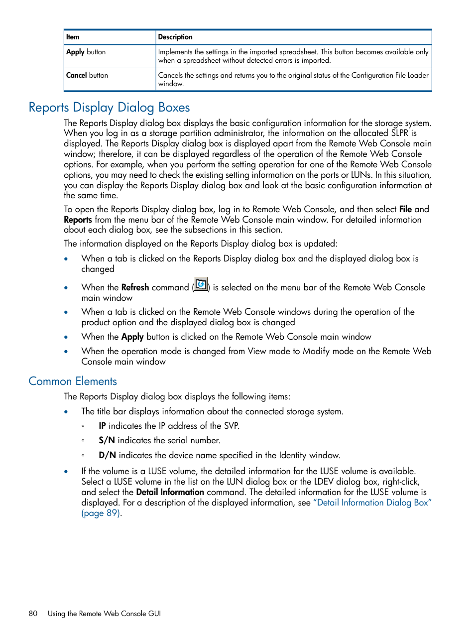 Reports display dialog boxes, Common elements, Reports display | HP StorageWorks XP Remote Web Console Software User Manual | Page 80 / 149