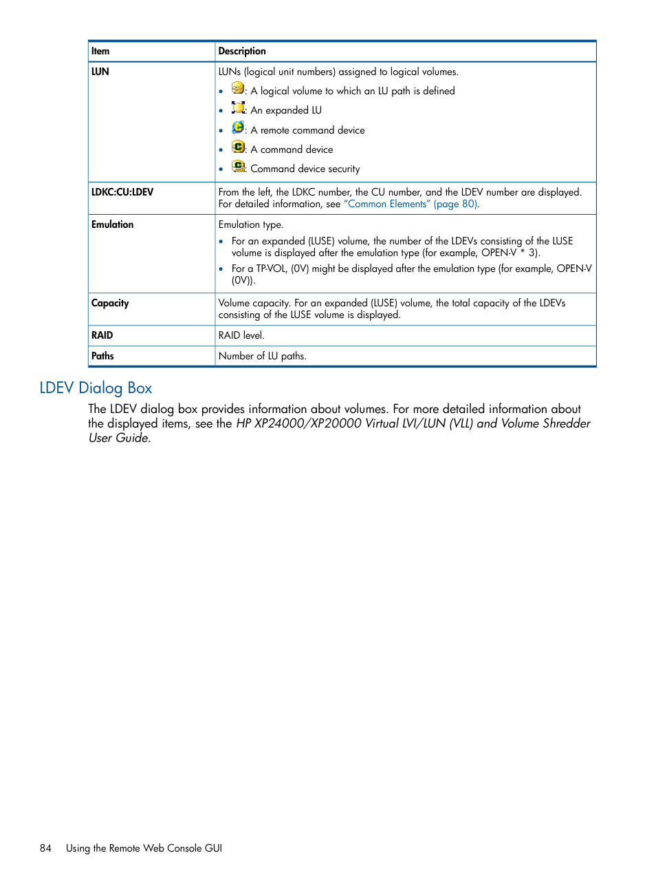 Ldev dialog box | HP StorageWorks XP Remote Web Console Software User Manual | Page 84 / 149