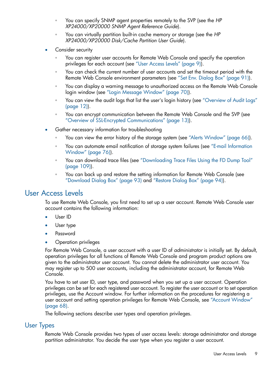 User access levels, User types | HP StorageWorks XP Remote Web Console Software User Manual | Page 9 / 149