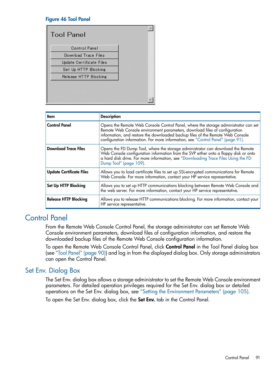 Control panel, Set env. dialog box, Tool | HP StorageWorks XP Remote Web Console Software User Manual | Page 91 / 149