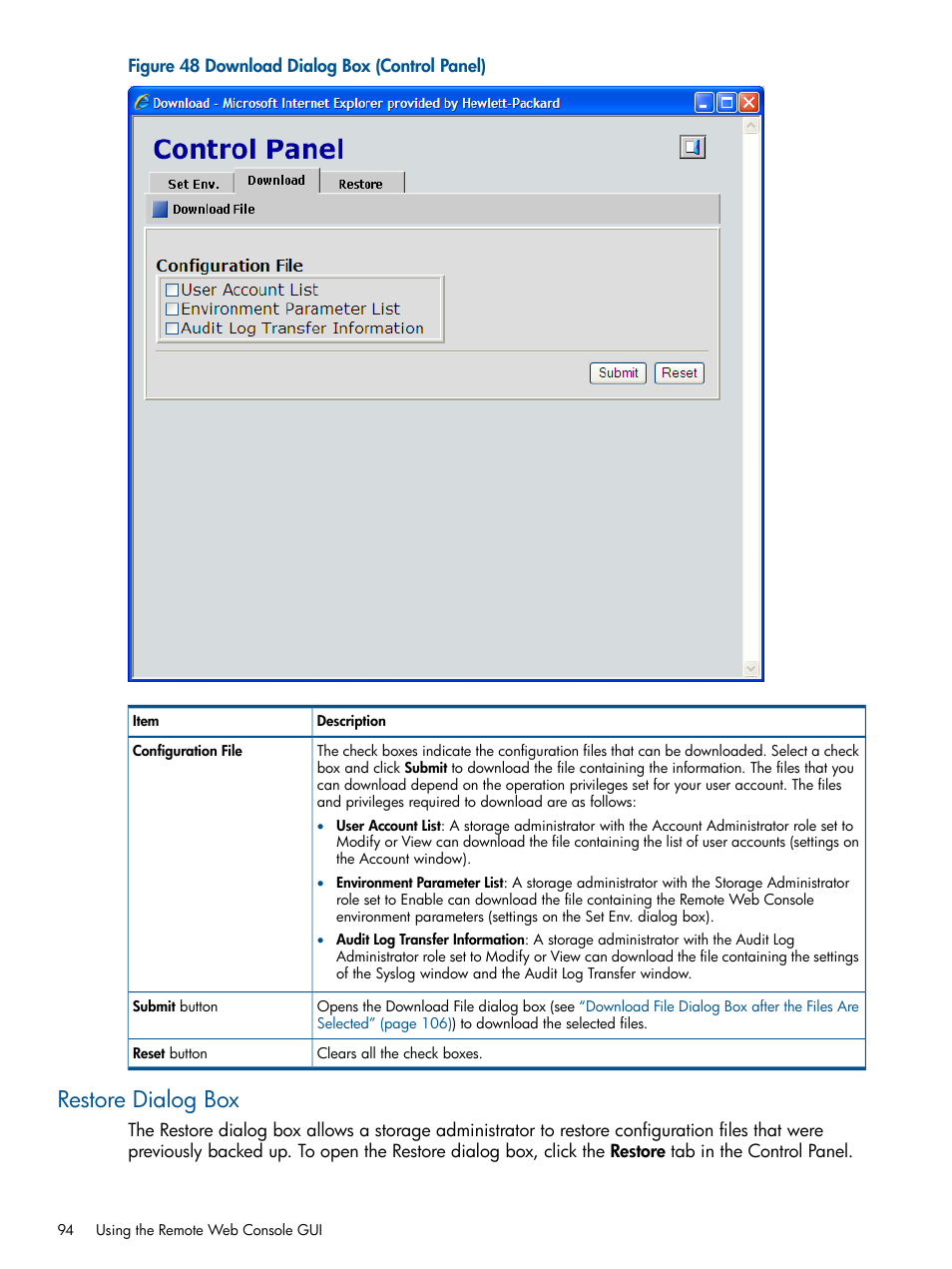 Restore dialog box | HP StorageWorks XP Remote Web Console Software User Manual | Page 94 / 149