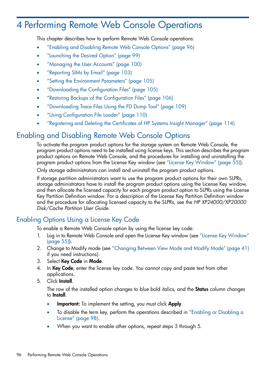 4 performing remote web console operations, Enabling and disabling remote web console options, Enabling options using a license key code | Enabling options using a license | HP StorageWorks XP Remote Web Console Software User Manual | Page 96 / 149