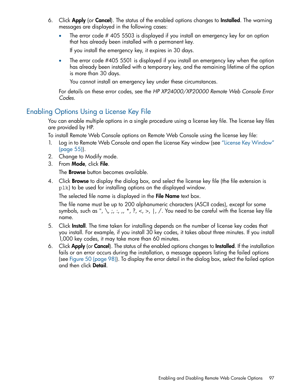 Enabling options using a license key file | HP StorageWorks XP Remote Web Console Software User Manual | Page 97 / 149