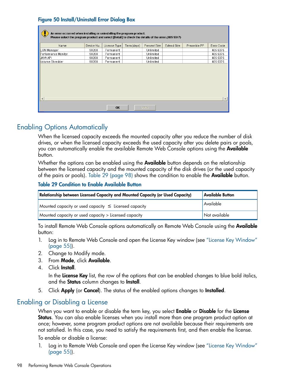 Enabling options automatically, Enabling or disabling a license, Enabling options | Enabling or disabling a | HP StorageWorks XP Remote Web Console Software User Manual | Page 98 / 149